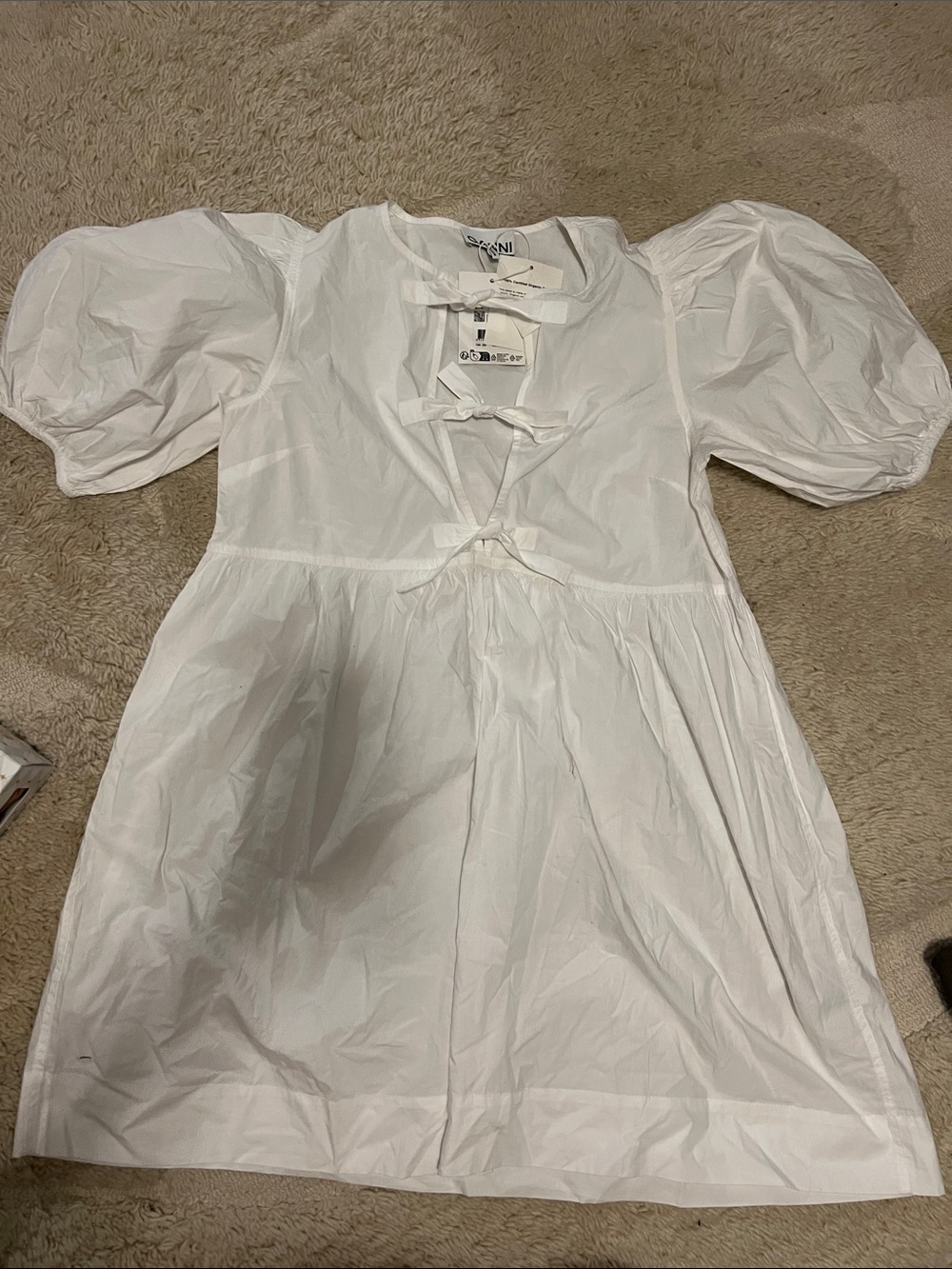 GANNI Poplin Bow Short-Sleeve Minidress